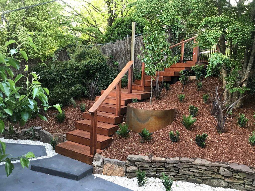 Timber stairs decking pathway landscape construction blue mountains Leura fresh Perspective Landscapes corten pots concrete custom-24 small