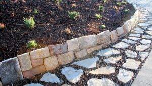 Stone wall paving pebbles retaining turf planting maintenance landscape construction blue mountains winmalee structural fresh perspective landscapes