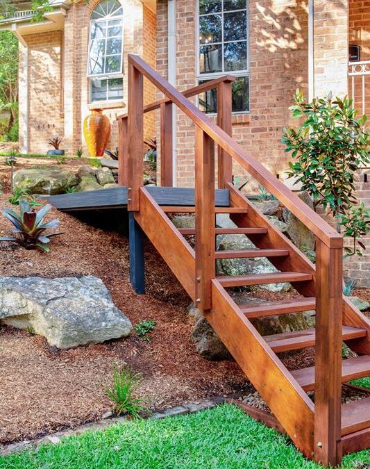 WINMALEE – Front entrance, Timber stairs, Ekodeck Boardwalks, Bluestone Steppers on a sloping site