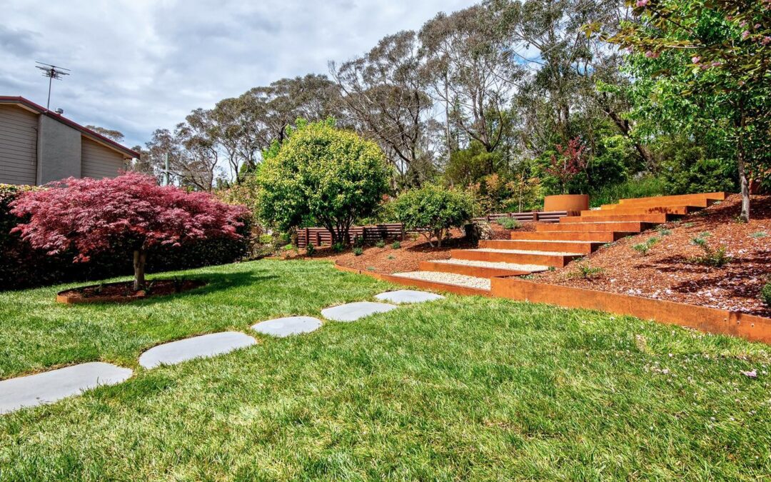 Wentworth Falls – Front Yard Makeover, Stairs, Bluestone Steppers, Deco Granite and Corten Steel