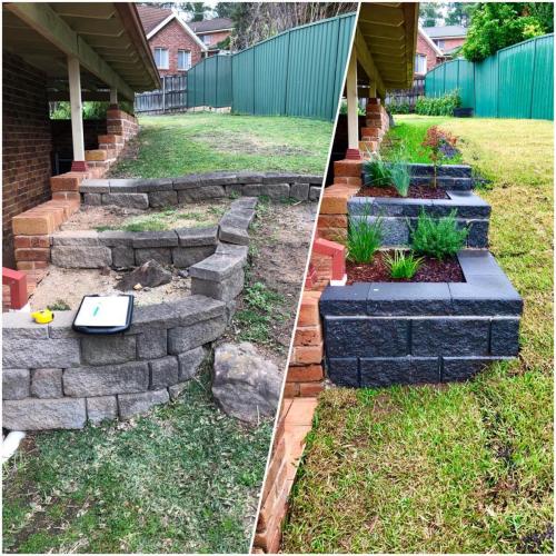 block retaining wall construction surrounding garden bed