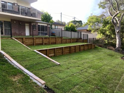 Warrimoo terraces retaining wall sloping block paving sandstone turf landscape construction blue mountains structural fresh perspective landscapes Winmalee 23