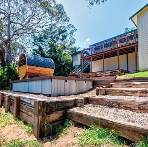 recycled railway sleeper retaining wall and stairs